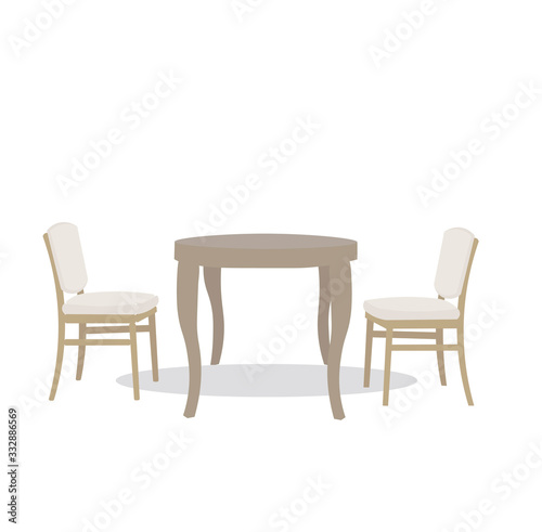 2d table with two chairs on white background for decoration design. Desk space concept. Vector design. Wooden table. Business background. White background isolated. Home decor.