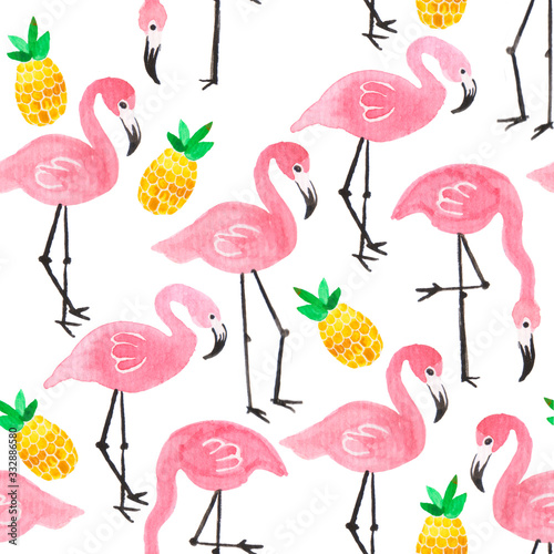 Watercolor illustration of pink ink flamingo and pineapple tropical pattern