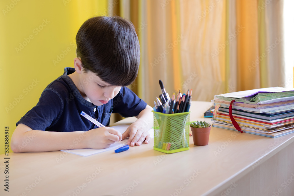 Boy doing homework during the coronavirus quarantine. Remote education concept. Boy doing homework during the coronavirus quarantine. Remote education concept.