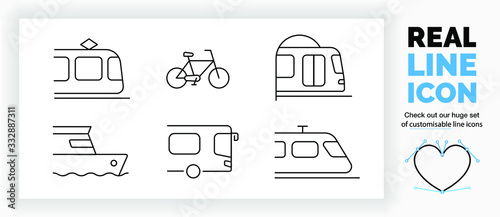 Editable real line icon set of the side view of public transport in form of a train, tram, bike, metro, ferry and a bus used for travel in modern thin black lines on a clean white background in EPS