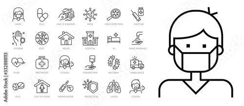 Coronavirus line icon set for infographic or website. Included icons as virus, ncov-2019, contagious, contagion, infection, surgical mask, hand washing, pneumonia, ambulance, hospital, vaccine.