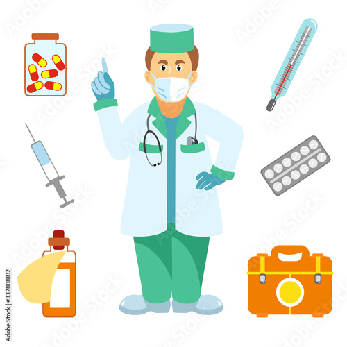 Doctor in a medical mask. Medical attributes:  syringe, medicine, thermometer, pills, medical case