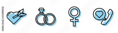 Set line Female gender symbol, Amour with heart and arrow, Wedding rings and Telephone with heart speech bubble icon. Vector