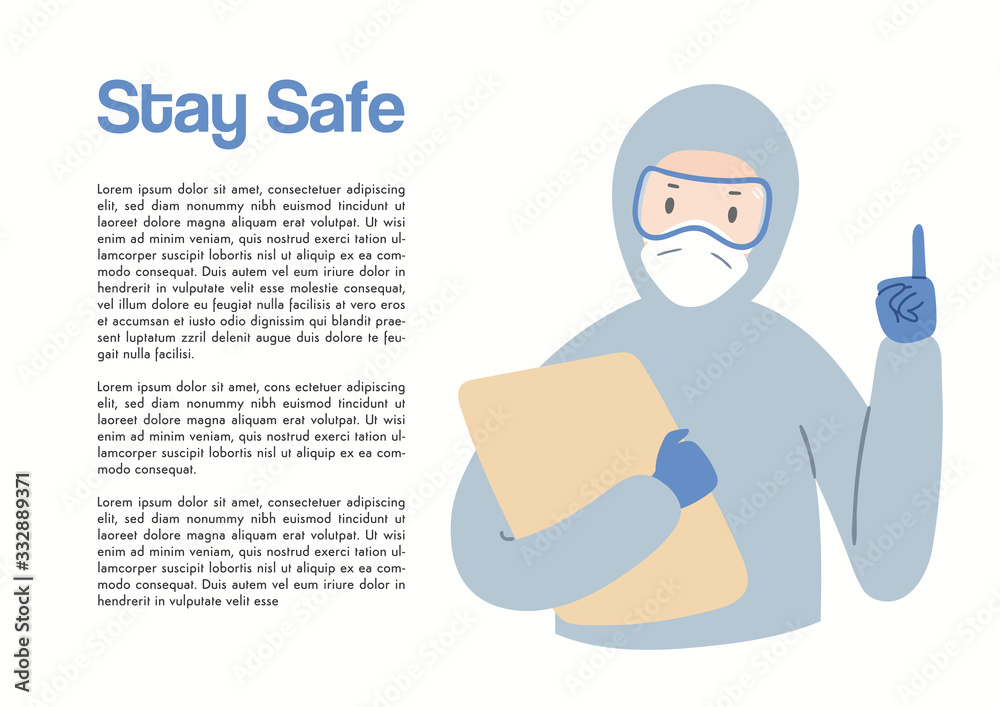 Coronavirus epidemic concept. Medical worker in protective gear with text space, isolated on white. Hand drawn vector illustration. Poster, flyer element. Flat style design. Covid-19 prevention advice