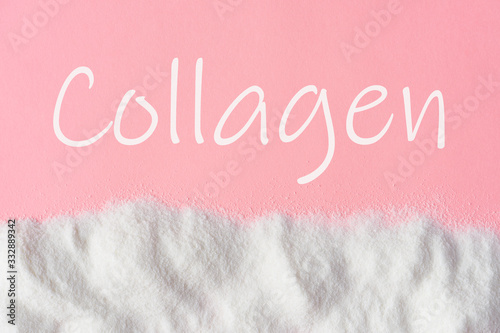 Collagen on a pink background close-up. Natural beauty and health supplement for skin, bones. Flatlay, top view. Copy space for your text. Extra protein intake. photo