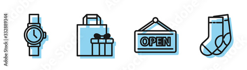 Set line Hanging sign with Open, Wrist watch, Gift box and Socks icon. Vector