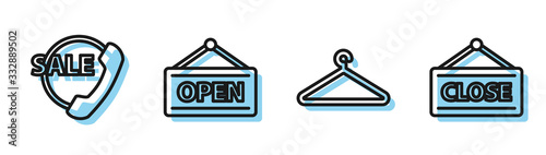Set line Hanger wardrobe, Telephone 24 hours support, Hanging sign with Open and Hanging sign with Closed icon. Vector