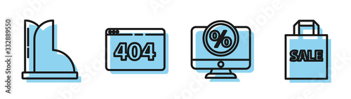 Set line Percent discount and monitor, Waterproof rubber boot, Page with a 404 error and Shoping bag with Sale icon. Vector
