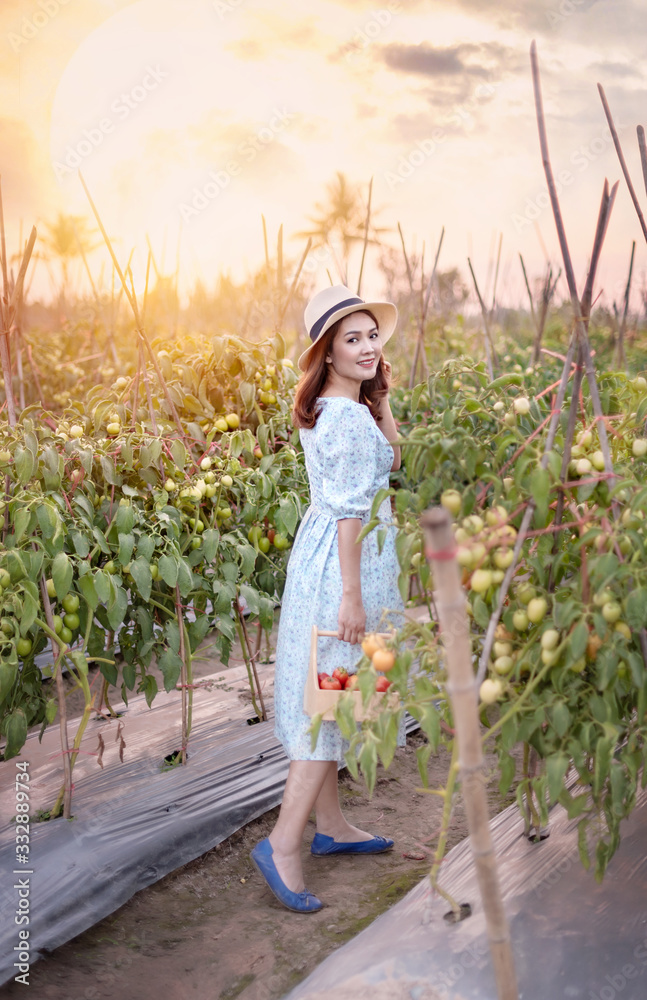 Asian pretty woman with red tomatoes Asian pretty woman with red tomatoes