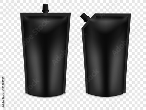 Realistic 3D Black Blank Doy Pack Mock up set. Vector Doypack Template Packing with screw cap.