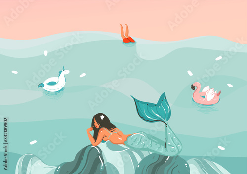 Hand drawn vector stock abstract graphic illustration with a sunbathing mermaid young girl lying on ocean beach seashore and flamingo unicorn rubber rings isolated on colour background