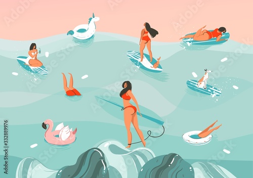 Hand drawn vector stock abstract graphic illustration with a funny sunbathing family people group in ocean waves landscape swimming and surfing isolated on colour background