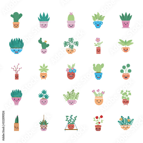 Kawaii plants inside pots flat style icon vector design