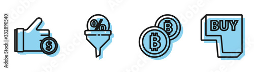 Set line Cryptocurrency coin Bitcoin, Hand holding coin, Lead management and Buy button icon. Vector