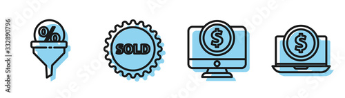 Set line Computer monitor with dollar, Lead management, Sold label and Laptop with dollar icon. Vector