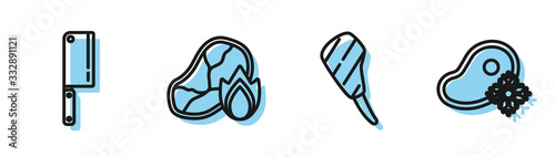 Set line Rib eye steak, Meat chopper, Grilled steak meat and fire flame and Fresh frozen steak meat icon. Vector