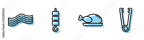 Set line Roasted turkey or chicken, Bacon stripe, Grilled shish kebab on skewer stick and Meat tongs icon. Vector
