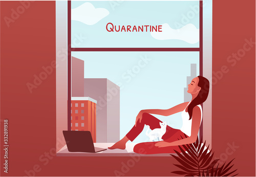 2019-ncov quarantine. Woman looking thinking and looking through the window. Lockdown at home. Laptop. Remote work concept. Stay at home. Coronavirus panic. Isolated sick person vector illustration. photo