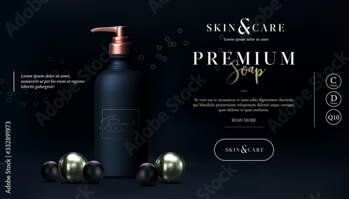 Stylish skin care cosmetics body lotion. Soap promo design. Washing gel or cleancer in black gold bottle with pump. Liquid soap packaging poster, flyer, or web banner. Mock-up promo black banner.