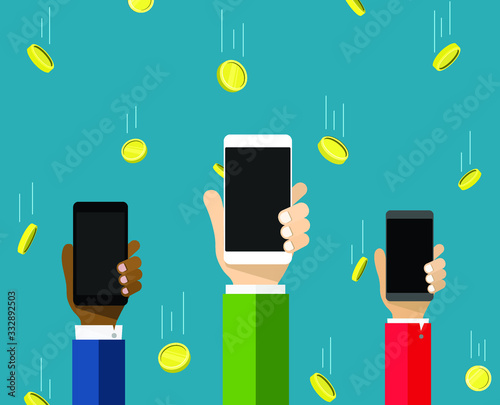 Hands holding smartphones. Rain of gold coins