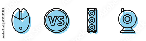 Set line Stereo speaker, Computer mouse gaming, VS Versus battle and Web camera icon. Vector