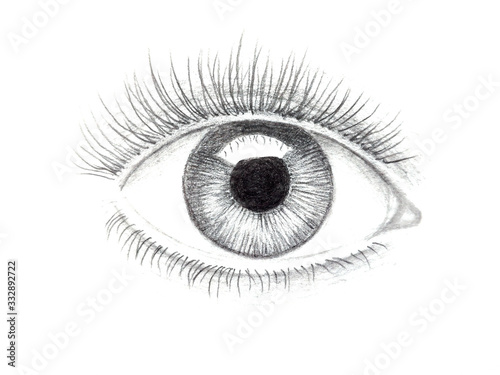 Illustration of human eye drawn with pencil. One eye closeup on white background.