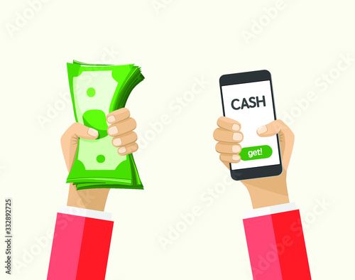 Hands holding pack of dollar bills and smartphone