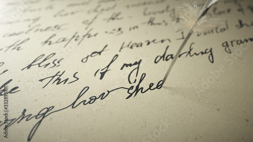 3d render ink pen writes poetry on old paper