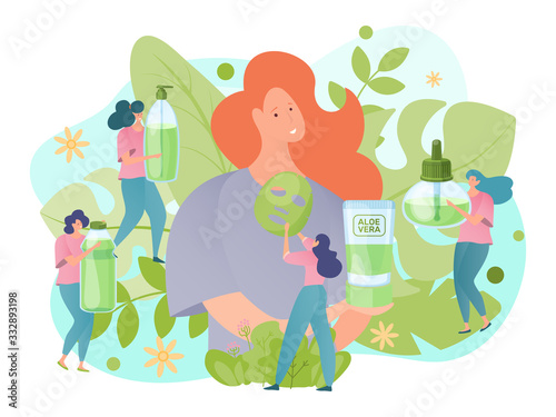 Woman character hug aloe vera cream, natural cosmetic, perfume. Concept banner of design ethnoscience, healthcare and cosmetology stuff for skin care, hair care. Cartoon style. Vector illustration.