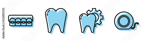 Set line Tooth treatment procedure, Teeth with braces, Tooth and Dental floss icon. Vector