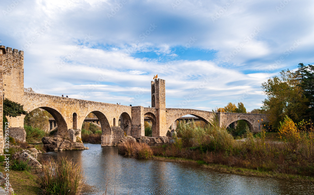 Panoramic landscape of Medieval village and castle in Besalu, Costa Brava, Spain. Besalu is a famous tourist destination in Spain, South Europe. Nice place for tourism near Mediterranean Sea