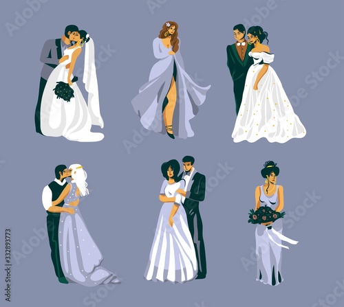 Hand drawn vector stock abstract graphic flat illustration with wedding couples hug and kisses bundle set isolated on purpple background