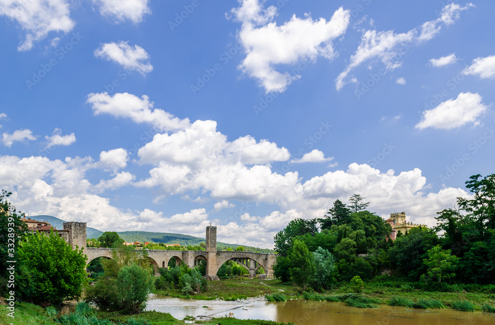 Medieval bridge of Besalu. View from north fortificated town. Garrotxa, Girona, Catalonia, Spain