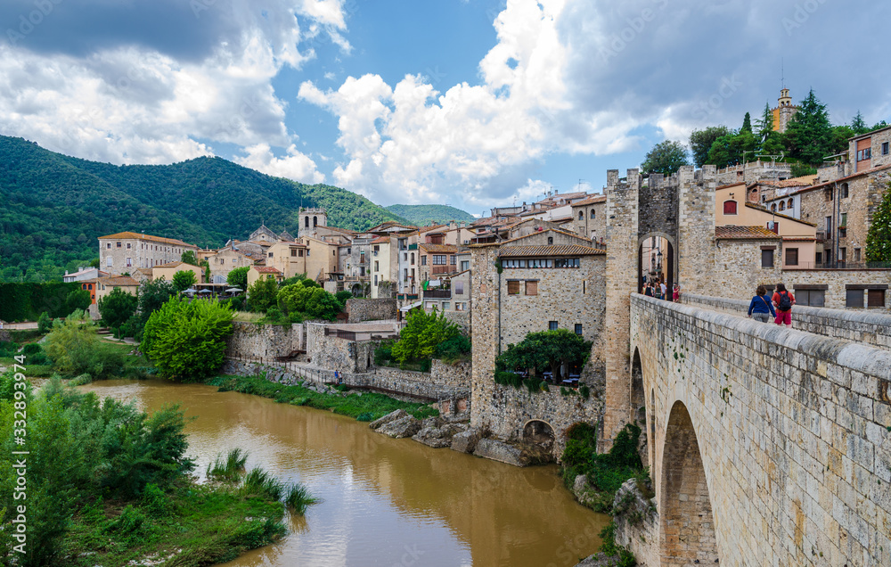 Panoramic landscape of Medieval village and castle in Besalu, Costa Brava, Spain. Besalu is a famous tourist destination in Spain, South Europe. Nice place for tourism near Mediterranean Sea