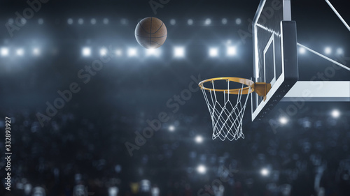 3d render Basketball hit the basket in slow motion on the background of flashes of cameras © davstudio