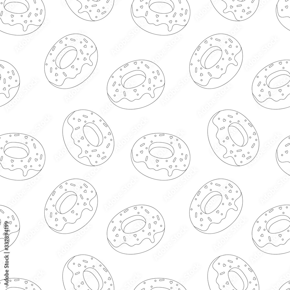 cartoon stylized delicious mouthwatering little glazed doughnuts with sweet Doodle decor , isolated, seamless vector black and white pattern on a white background cartoon stylized delicious mouthwatering little glazed doughnuts with sweet Doodle decor , isolated, seamless vector black and white pattern on a white background