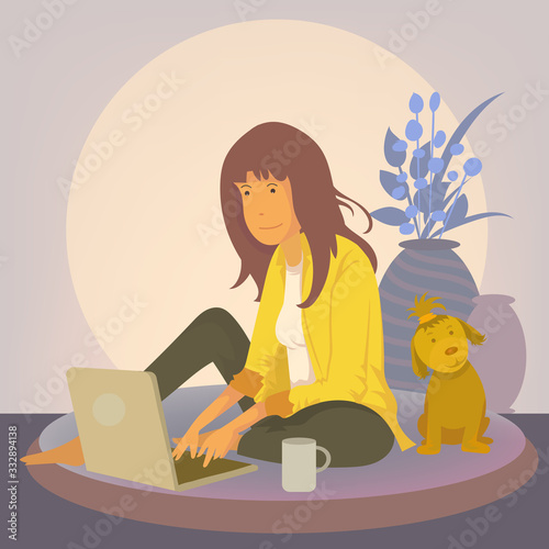 Young women sit and work at home conveniently with a laptop. character design vector illustration.