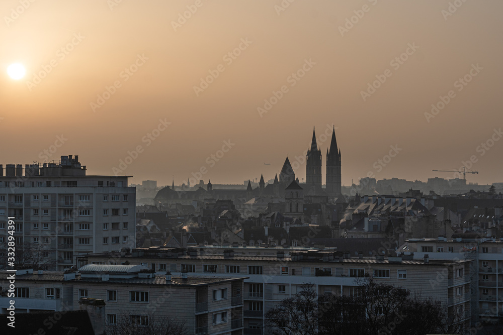 Gorgeous cityscape from the castle of Caen with a thick haze over the city