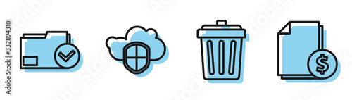 Set line Trash can, Document folder and check mark, Cloud and shield and Finance document icon. Vector