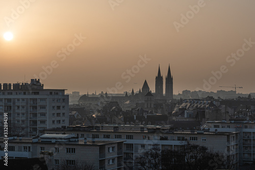 Gorgeous cityscape from the castle of Caen with a thick haze over the city