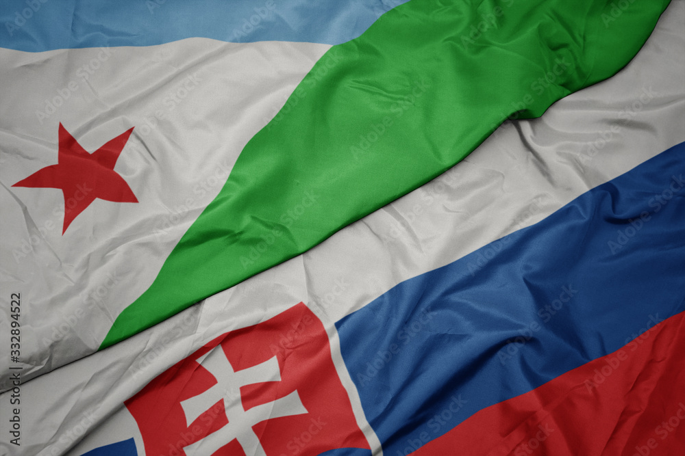 waving colorful flag of slovakia and national flag of djibouti.