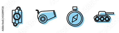 Set line Compass, dynamite stick and timer clock, Cannon and Military tank icon. Vector