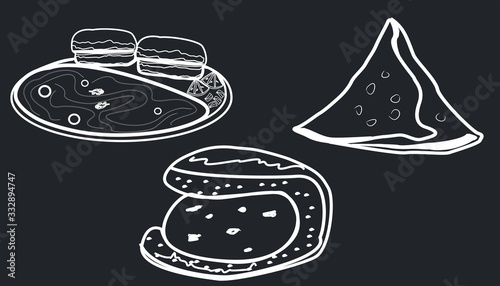 Samosa,Vadapav,Pav Bhaji line drawing indian Street Food Vector