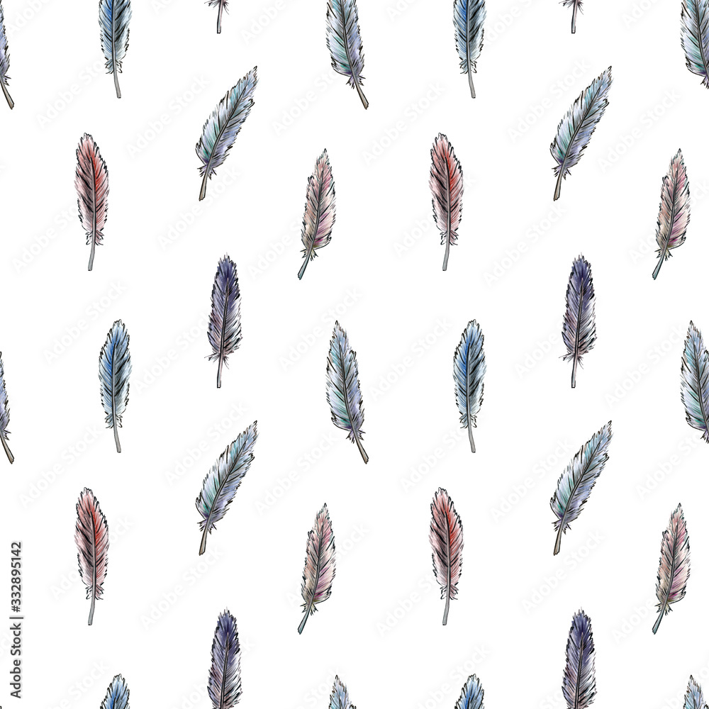Seamless watercolor pattern of feathers of wild birds. The illustration is drawn by hands, brushes and paints. Graphic feathers isolated on white background. Design for fabric, paper. Seamless watercolor pattern of feathers of wild birds. The illustration is drawn by hands, brushes and paints. Graphic feathers isolated on white background. Design for fabric, paper.