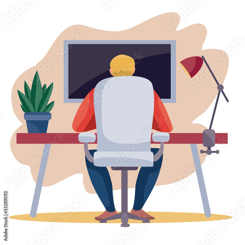 a man sits backwards in a working chair at a table and works on a laptop, on a table there is a flower in a pot and a lamp, work, freelance, vector illustration,