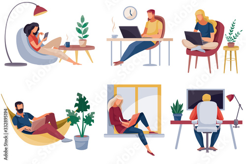 set of people who work at home, in the office, they are sitting in a chair on a chair and at the window, isolated object on a white background, vector illustration, eps