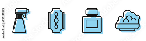 Set line Aftershave, Hairdresser pistol spray bottle, Blade razor and Shaving gel foam icon. Vector