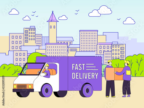 Fast delivery template banner, poster, flyer. Concept postmail shipping van with two staff members mail who load the box. Cartoon style design car. City background and landscape. Vector illustration.