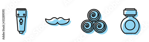 Set line Towel rolls, Electrical hair clipper or shaver, Mustache and Aftershave icon. Vector