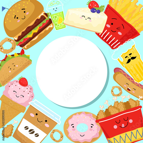 Fast food addiction collection icon for web. Round banner, poster pattern fast food. Burger, ice cream, coffee, hot dog, donut, chicken, french fries and smoothie. Cartoon style. Vector illustration.